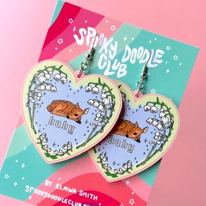 FAWN EARRINGS - Heart Shaped Cute Baby Deer Earrings, Pastel Floral Lily of the Valley Charm Jewelry, Sleepy Baby Fairycore Gift (2 inch)