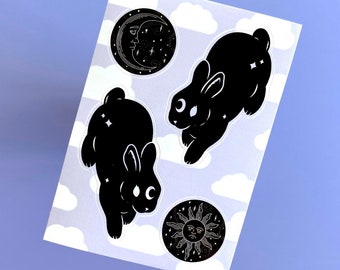 MOON BUNNY Sticker Sheet - Purple Celestial Rabbit Vinyl Art Sticker Set, Moon & Sun Rabbit, Witchy Stationery - Spooky Doodle Club