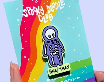 SHE/THEY Pronoun Pin ~ Purple Acrylic Gender Identity Badge, Cute Witchy Style Pride Accessory - Spooky Doodle Club (2 inch)