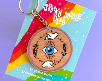 PROTECTION CIRCLE KEYCHAIN - Spooky Doodle Club Wooden Keychain (2 inch)