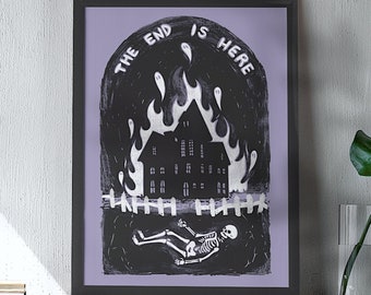 I KNOW THE END Art Print - Burning Haunted House Wall Art, Phoebe Bridgers Poster, Punisher Album Ghost Skeleton Art Print, The End is Here