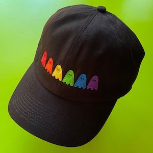 GHOUL PRIDE HAT - Rainbow Ghost Embroidered Dad Hat, Gay Ghoul Baseball Cap, Relaxed Fit Black Hat with Rainbow Ghosts, Spooky Themed Pride