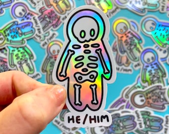Adesivo de vinil holográfico com esqueleto de pronome - ELE/DELE