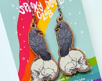Skull Raven Dangle Earrings – Spooky Halloween Jewelry, Witchy Gift