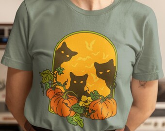 Chemise CHATS PATCHS CITROUILLE - chemise d'Halloween d'inspiration vintage, t-shirt effrayant de chats noirs pour l'automne, t-shirts d'automne grande taille, chemise citrouille rétro