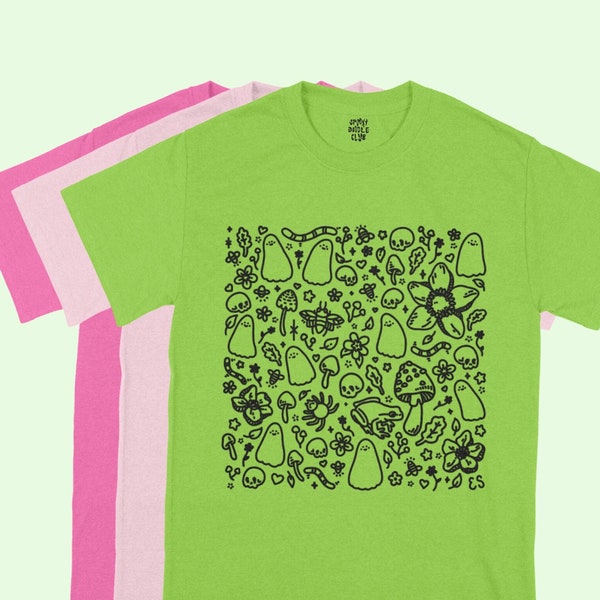 GHOUL GARDEN T-SHIRT - Garden Ghosts Plant Shirt, Cottagecore Mushroom Frog Toad Bugs Floral Tee, Plus Size Spooky Cute Halloween Shirt