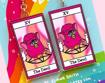 FURBY DEVIL TAROT Earrings - Evil Furby Acrylic Earrings, Devil Tarot Card Jewelry, Witchy Cursed Toy Gift, Hot Pink Furbee (2 inch)