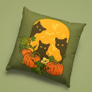 PUMPKIN PATCH CATS Pillow - Square 14" Halloween Pillow, Spooky Black Cat Home Decor, It's Frickin Bats Halloween Pumpkin Pillow