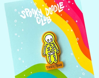 THEY/SHE PIN ~ Skeleton Pronoun Pin, Durable Queer Pride Accessory, My Pronouns are They Them She Her, Cute Pride Skeleton (1.5 inch)