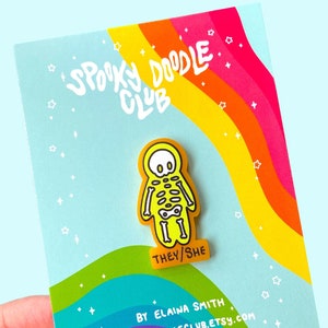 THEY/SHE PIN ~ Skeleton Pronoun Pin, Durable Queer Pride Accessory, My Pronouns are They Them She Her, Cute Pride Skeleton (1.5 inch)