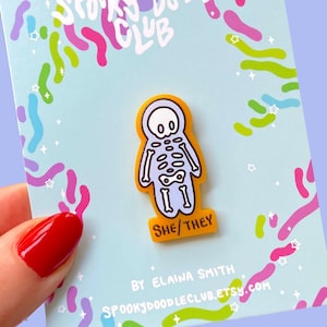 SHE/THEY Pronoun Pin ~ Skeleton Gender Identity Pin, My Pronouns are She/They Acrylic Pin, Halloween Style LGBT Pride Accessory (1.5 inch)