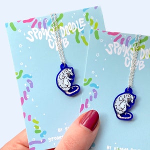 SCREAMING OPOSSUM NECKLACE - Silver Screaming Possum Jewelry, Cute Opossum Chain Necklace, Grumpy Possum Gift, Yelling Possum Necklace Blue