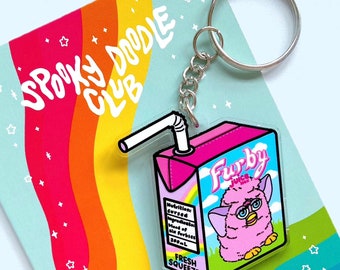 FURBY JUICE BOX Keychain - Rainbow Furby Acrylic Keychain, Creepy Y2K Toy, Vintage 2000s Cursed Toy, Furbee 90s Toycore Gift (2 inch)