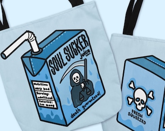 SOUL SUCKER Tote Bag - Funny Adult Goth Gift, Grim Reaper Halloween Juice Box, Being an Adult Sucks Dark Humor, Dead Inside Large Tote Bag