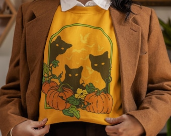 Sweat-shirt CHATS PATCHS CITROUILLE - col rond d'Halloween rétro, style automne vintage, sweat-shirt chat noir effrayant