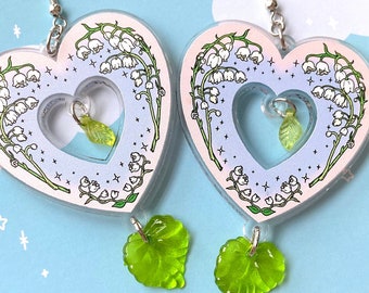 EVERLASTING LILY EARRINGS - Pastel Bridal Lily of the Valley Jewelry, Fairy Garden Aesthetic, Hypoallergenic Dangle Heart Earrings (2 inch)