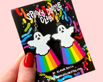 RAINBOW GHOST EARRINGS - Colorful Halloween Earrings, Rainbow Spooky Jewelry Hypoallergenic, Creepy Cute Horror Style, Witch Gift (2 inch)