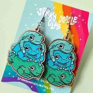 FROG STACK EARRINGS - Cute Toad Earrings, Spooky Doodle Club Wooden Earrings, Nature Lover Gift (2 inch)