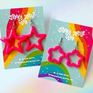 STARBRITE EARRINGS - Neon Pink Star Earrings, Chunky Plastic Jewelry, Pink Toycore Accessory, Hot Pink Decora Dangle Earrings