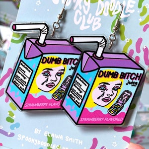 DUMB BITCH Juice Box Earrings Sad Girl Acrylic Dangle Earrings, Pink Flip Phone Y2K Barbie Bitch Jewelry 2 inch image 4