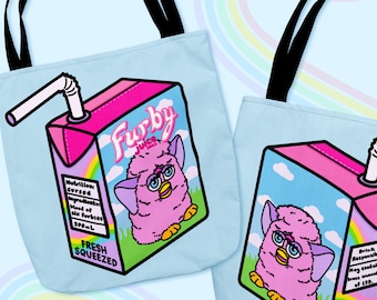 FURBY JUICE Tote Bag - Rainbow Furby Custom Tote Bag, Unique Kitschy Gift, Vintage 90s Toy Furby Collector Gift