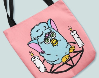 CURSED FURBY Tote Bag - Pentagram Pal Seance Furby Art, Creepy Cute Halloween Tote Bag, 1990s Accessory, Custom Furby Art Bag