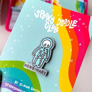 NONBINARY SKELETON Pin ~ Enbi NB Pride ~ Halloween Themed Acrylic Pin - Spooky Doodle Club (1.5 inch)