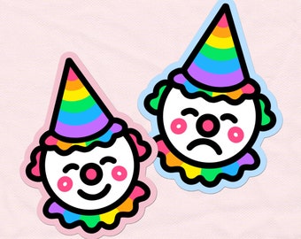 CLOWN STICKER SET - 2 Piece Happy Sad Clown Sticker Pack, Rainbow Circus Stationery, Waterproof Sad Face Clown Sticker, Clowncore