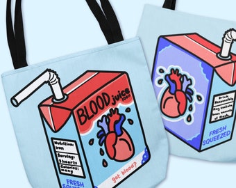 BLOOD JUICE BOX Tote Bag - Funny Unique Tote Bag, Gift for Nursing Student, Phlebotomy Blood Bag, Silly Halloween Vampire Bag, Got Blood?