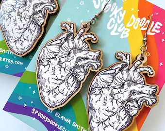 ANATOMICAL HEART EARRINGS - Statement Dangle Earrings, Unique Romantic Jewelry Gift, Spooky Jewelry for Vampires & Medical Students (2 inch)