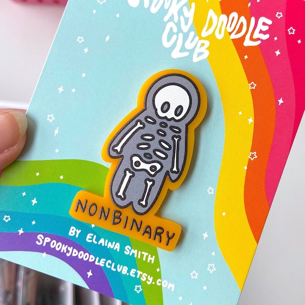 NONBINARY PIN Pronoun Skeleton Acrylic Pin - Enbi Enby NB Pride Gift by Spooky Doodle Club (2 inch)