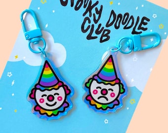 HAPPY SAD CLOWN Keychain - Clowncore Acrylic Keychain, Iridescent Rainbow Acrylic Clown Design, Kidcore Aesthetic Keychain (2 inch)