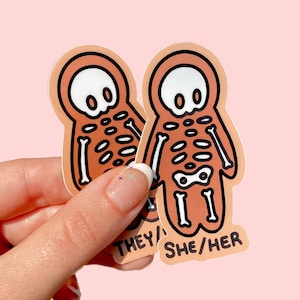 SHE/HER Pronoun Sticker - Waterproof Vinyl Pronoun Skeleton Sticker, Horror Style Cute She Her Pride Sticker, Gender Euphoria