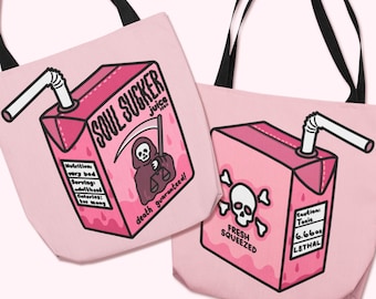 SOUL SUCKER Tote Bag - Dark Humor Halloween Juice Box Tote Bag, Life Sucks Emo Accessory, Pink Grim Reaper, Dead Inside Horror Aesthetic