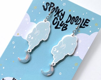 Pendientes de conejo con forma de luna creciente: pendientes colgantes celestiales, joyas kawaii en colores pastel, pendientes de conejo mágico con forma de hada de la luna celestial (2 pulgadas)
