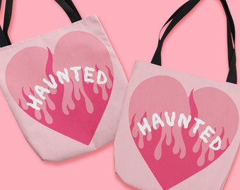 HAUNTED HEART Tote Bag - Hot Pink Spooky Valentine's Day Accessory, Flaming Heart Horror Style Design, Pink Barbie Aesthetic Halloween Bag