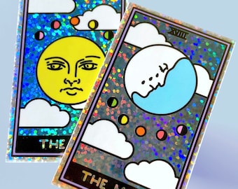 SUN & MOON Tarot Card Sticker Set - Holographic Celestial Art, Mystical Witch Tarot Deck Stickers, Astrology Gift