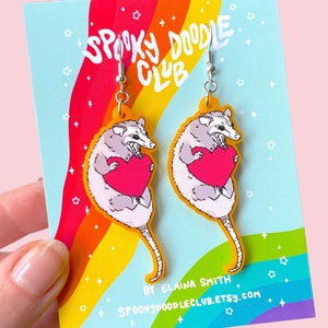 OPOSSUM LOVE EARRINGS - Possum Romantic Gift, Opossum Lover, Cute Acrylic Earrings, Dangle Heart Jewelry, Pink Opossum Earrings (2 inch)