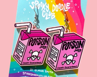 POISON JUICEBOX EARRINGS - Pink Halloween Earrings, Spooky Skull and Crossbones, Poison Potion Dangle Earrings, Creepy Cute Style (2 inch)