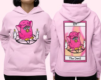 FURBY TAROT HOODIE - Devil Tarot Card Sweatshirt, Creepy Cute Custom Furby Apparel, Hot Pink Cursed Furby Hooded Sweatshirt, Vintage 90s Toy