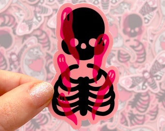 HAUNTED BONES STICKER - Pink Ghostly Skeleton Sticker, Vinyl Halloween Creepy Cute Decal, Pink Waterproof Spooky Sticker Art