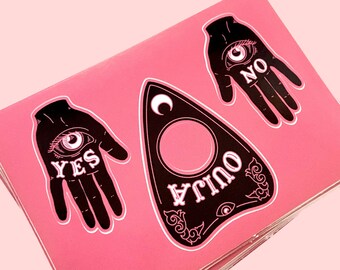 OUIJA STICKER SHEET - 3pc Vinyl Sticker Sheet, Pink Spooky Halloween Waterproof Decal, Yes No Goodbye Ouija Board Planchette