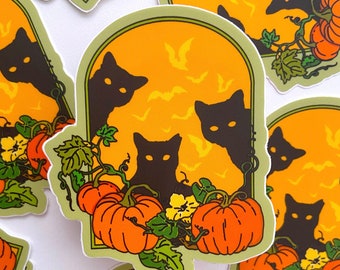 Adesivo de Gato em Fazenda de Abóboras - Adesivo de Vinil de Abóbora para o Halloween, Decalque Simples e Impermeável de Animais de Outono, Gato Preto Beistle com Inspiração Vintage