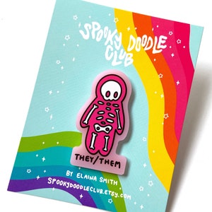 THEY/THEM Pronoun Pin ~ Gender Identity Pronoun Pin, Halloween Style Pride Accessory, Pink They Them Pin - Spooky Doodle Club (2 inch)