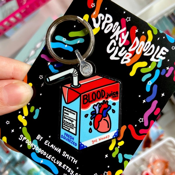 BLOOD JUICE BOX Keychain - Bloody Heart Keychain, Vampire Unique Gift, Horror Halloween Juice Box, Recycled Acrylic Keyring (2 inch)