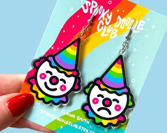 HAPPY SAD CLOWN Earrings - Rainbow Clown Acrylic Earrings, Clowncore Rainbow Jewelry, Colorful Circus Clown, Kidcore Sad Clown (2 inch)