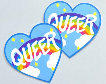 QUEER RAINBOW STICKER - Queer Pride Sticker, Vintage Retro Rainbow, Heart Shaped Queer Sticker, Cute Queer Pride - Spooky Doodle Club