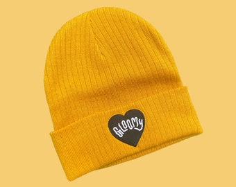 GLOOMY BEANIE - Embroidered Mustard Beanie, Gloomy Heart Sad Kid Style, Recycled Polyester Sustainable Fashion Cap, Ribbed Knitted Hat