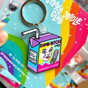 DUMB BITCH JUICE Schlüsselanhänger - Traurige Bitch Pink Juice Box Schlüsselanhänger, 90s Barbie Aesthetic, Weinen Lichtenstein Girl