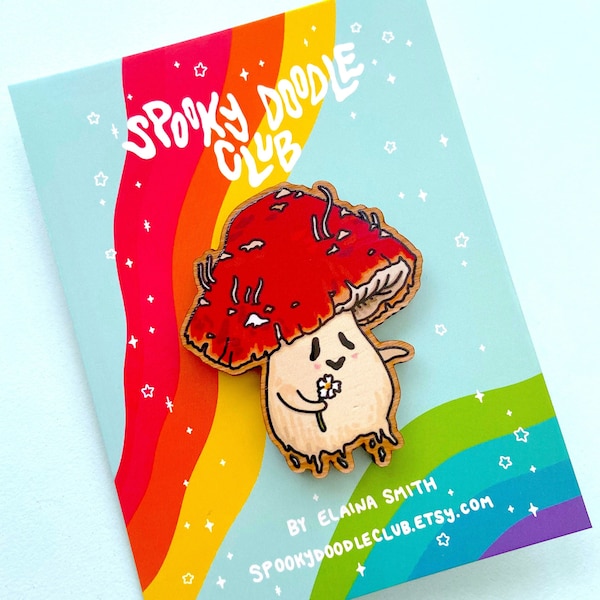 Wooden Mushroom Pin ~ MUSHBUDDY PIN ~ Amanita Mushroom Pal, Fungi Friend, Forest Fairy Toadstool, Cottagecore Gift, FSC Wood (2 inch)